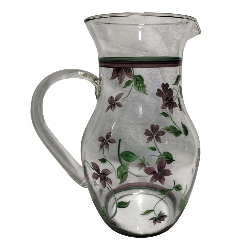 Vintage Hand Painted Glass Pitcher Floral Vine Pattern‎ Clear Glass Carafe